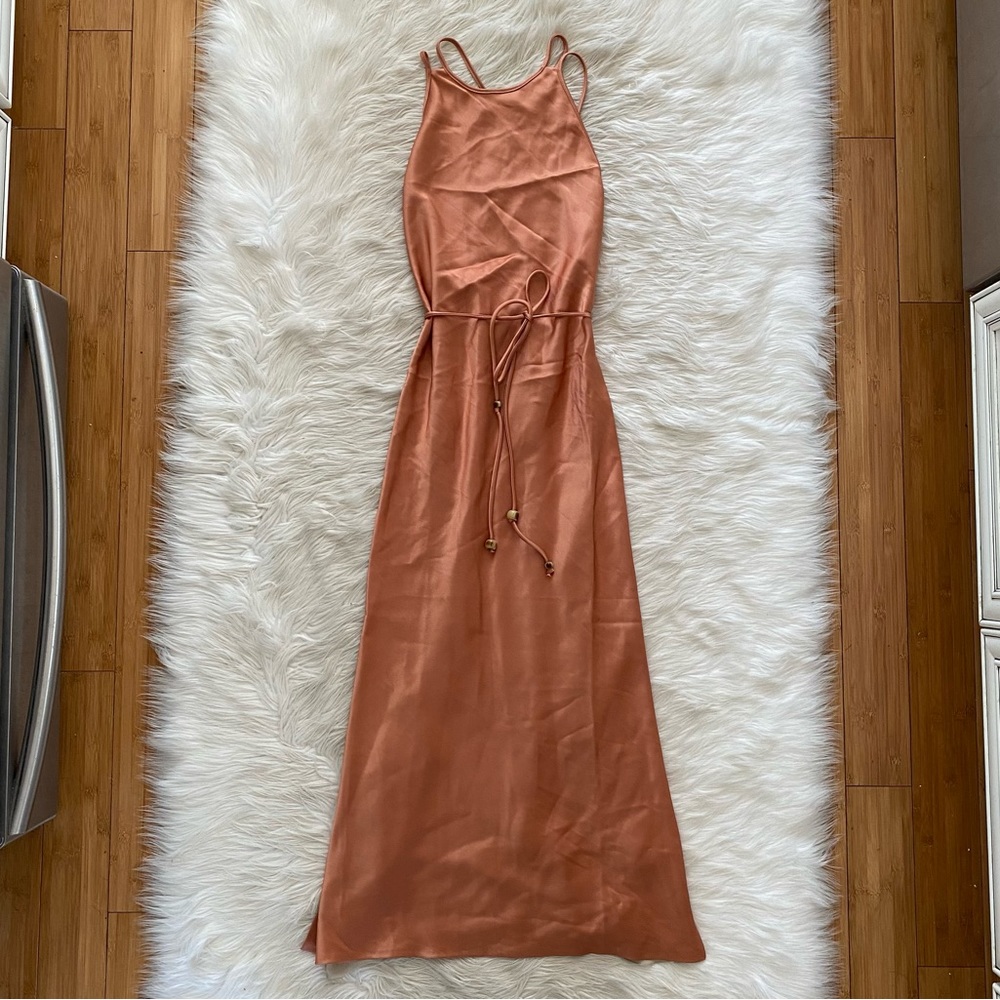 Nanushka Narita Belted Peach Apricot Satin Sleeveless High Neck Midi Dress - Picture 2 of 14